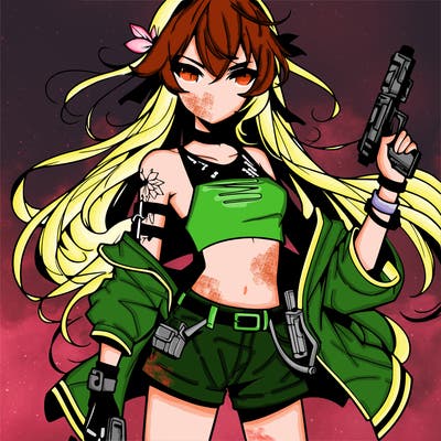 bad girl wearing crop top holding a gun long hair anime