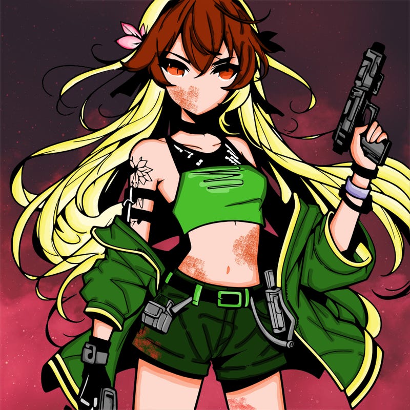 bad girl wearing crop top holding a gun long hair anime