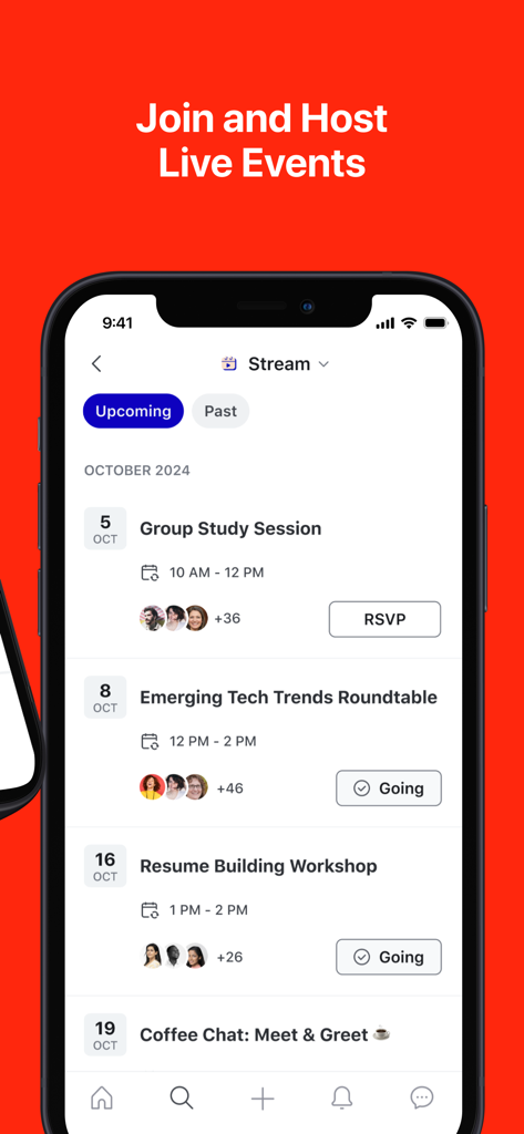 Epic.U - Captura de pantalla de la interfaz de la aplicación Epic.U que muestra una lista de próximos eventos en vivo como sesiones de estudio y talleres de tecnología.