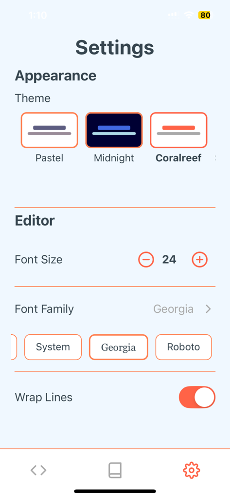 Pantalla de configuración de Python Sandbox que muestra temas de apariencia del editor y opciones de personalización de fuentes