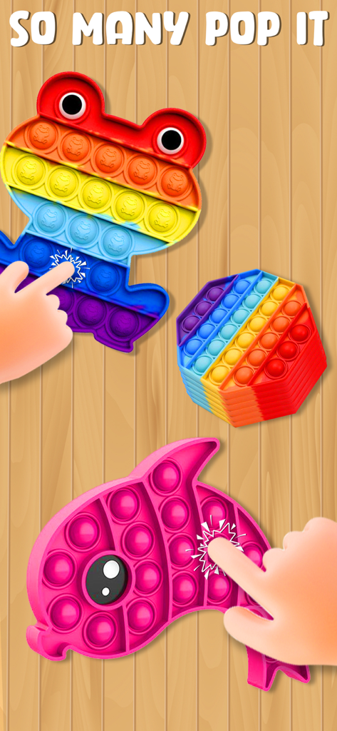 Fidget Trading: Pop It Fun - Colorful pop it fidget toys in frog and dolphin shapes on a wooden background