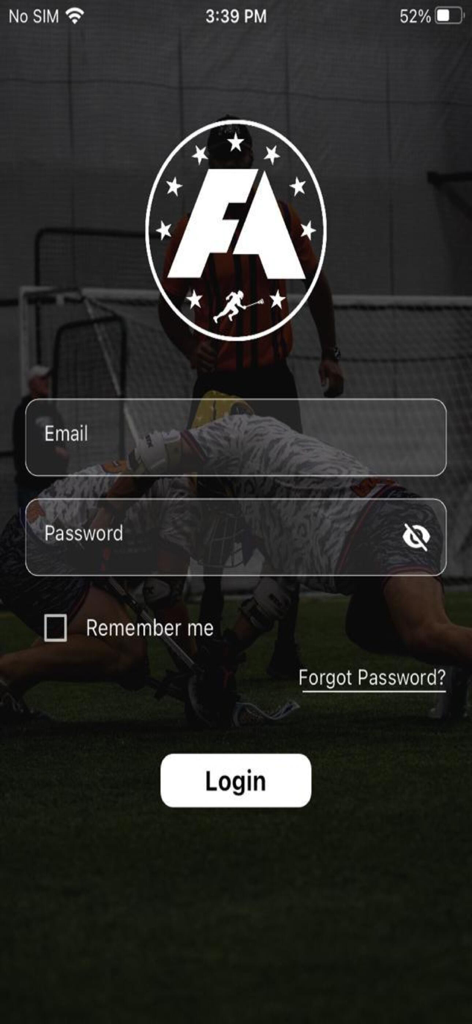 Login screen of the FaceOffAcademy mobile app