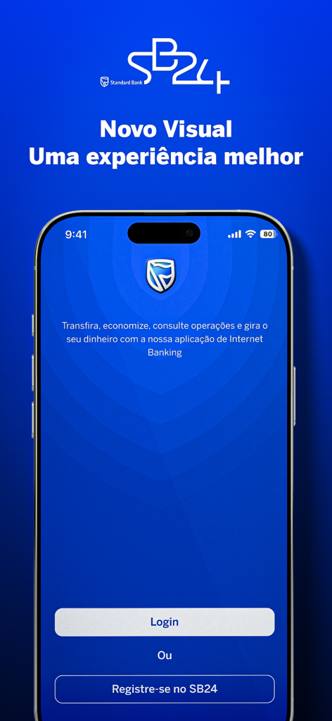 SB24 - SB24 mobile banking app login screen with Portuguese text and Standard Bank logo