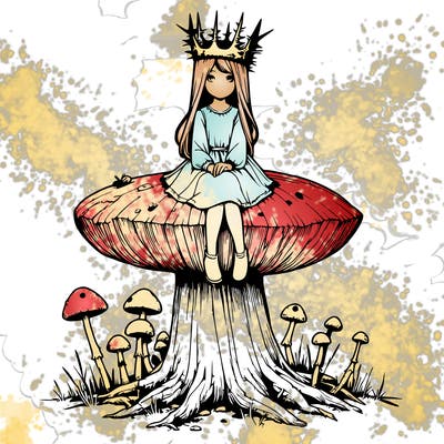 realistic girl sitting on a huge tree stump size toadstool with thorn crown