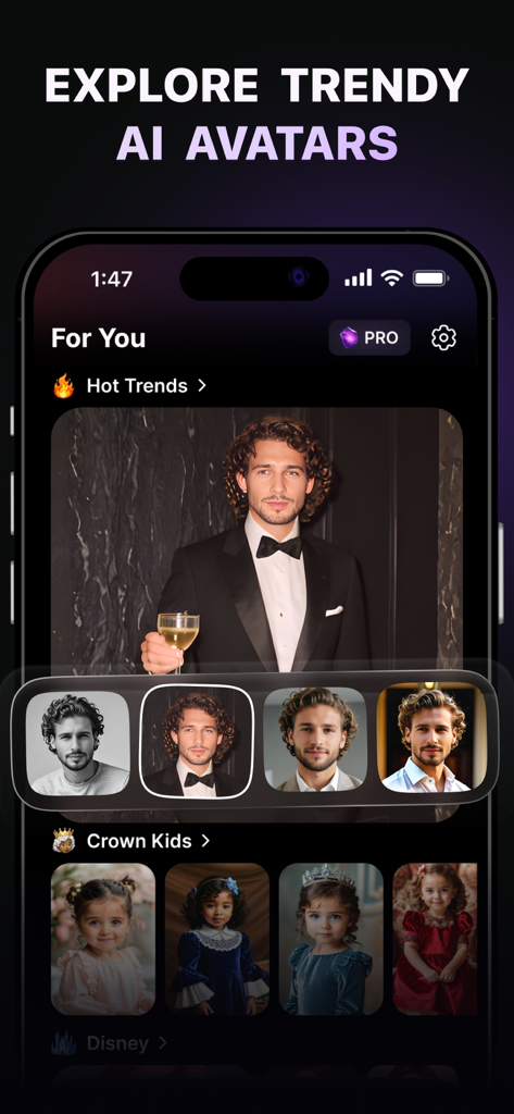 Visify App-Oberfläche mit trendigen KI-Avataren und professionellen Porträtstilen.