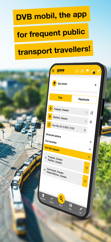 DVB mobil - DVB mobil app interface showing trip planning and ticket purchase options