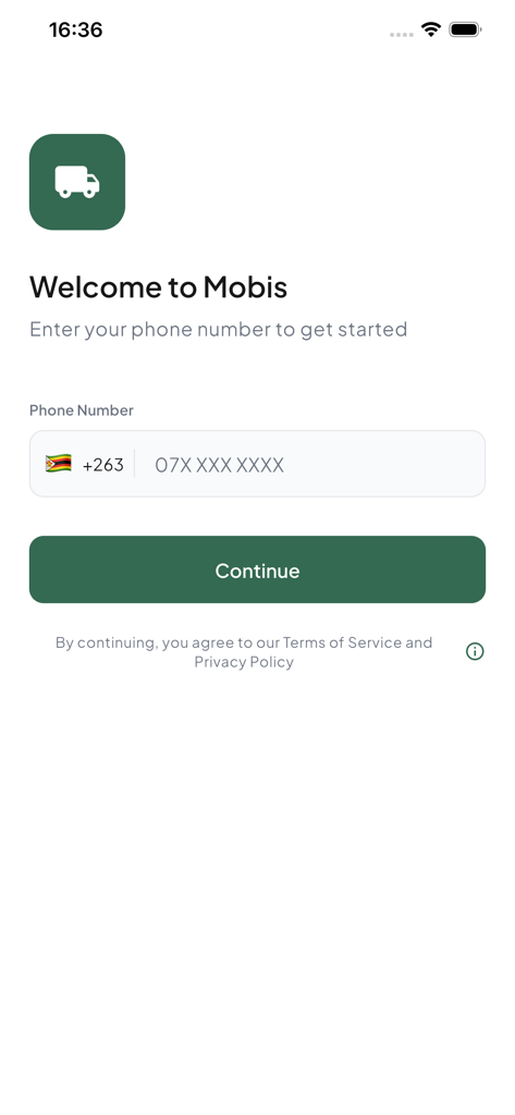 MOBIS Delivery - Tela de login do aplicativo Mobis Delivery com entrada de número de telefone para o Zimbábue.