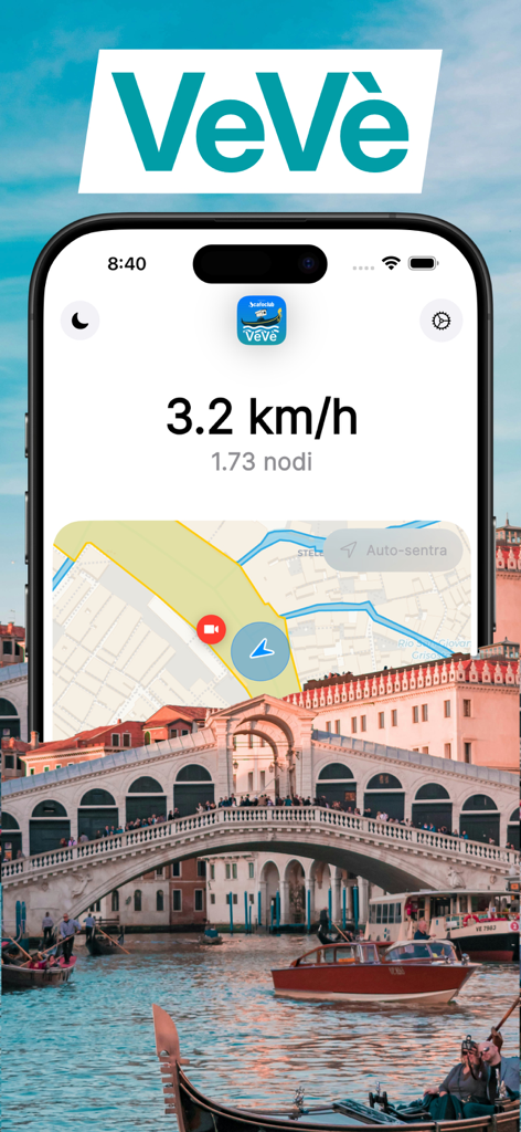 VeVè - Pantalla de la aplicación Veve mostrando la velocidad del barco y el mapa náutico en la laguna de Venecia.