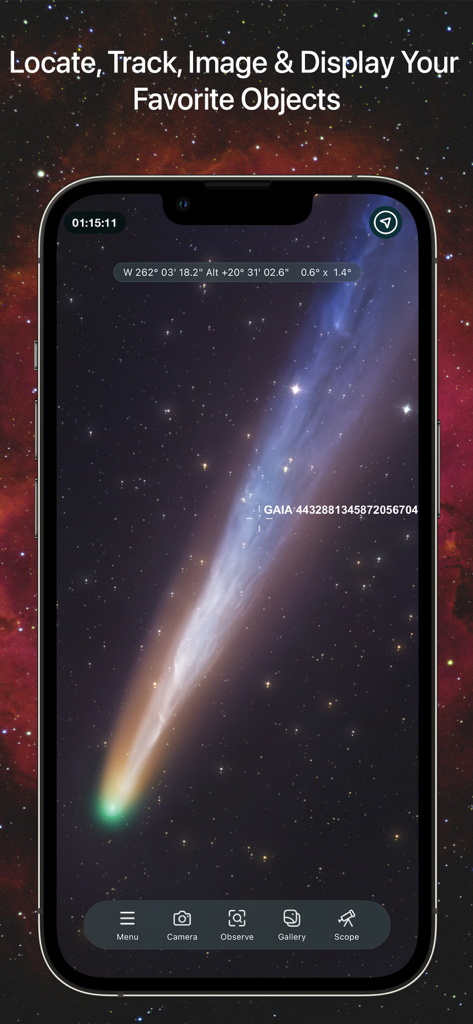 SkySafari 8 Pro - SkySafari 8 Pro mobile app tracking a comet with professional celestial coordinates and telescope controls