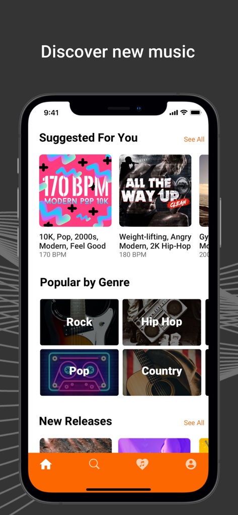 RockMyRun - Workout Music - RockMyRun app music discovery screen featuring suggested workout mixes by BPM and popular genres