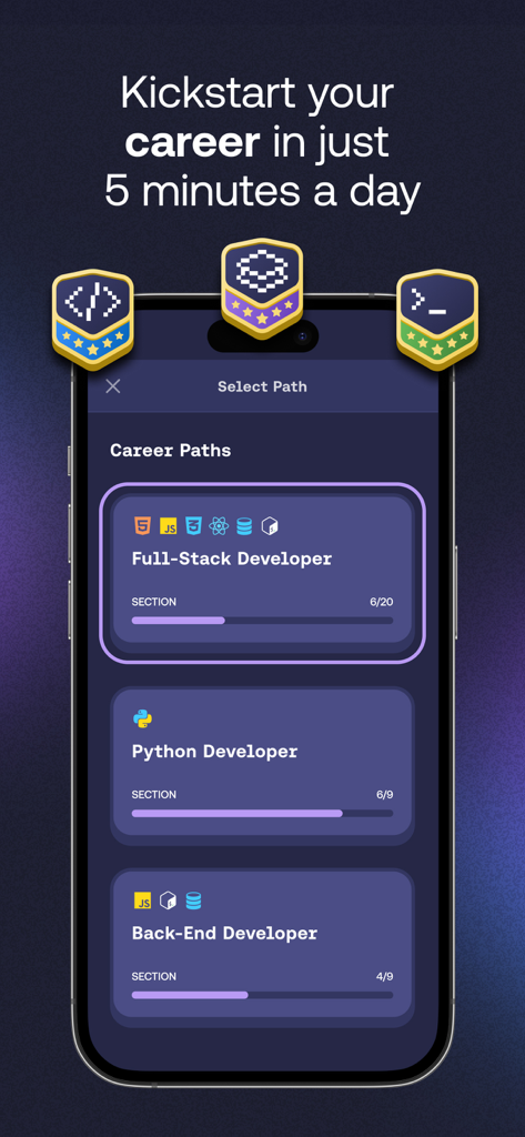Mimo app screen showing career learning paths for Full-Stack, Python, and Back-End development.
