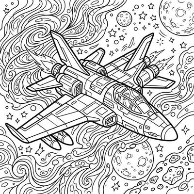 Prepare for an interstellar art journey with this dynamic space plane coloring page, perfect for teens. Dive into a detailed sci-fi scene featuring a high-tech aircraft soaring past planets and stars.