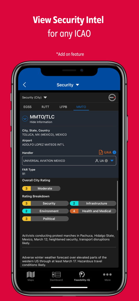 uvGO app displaying security intelligence and risk ratings for an airport ICAO code