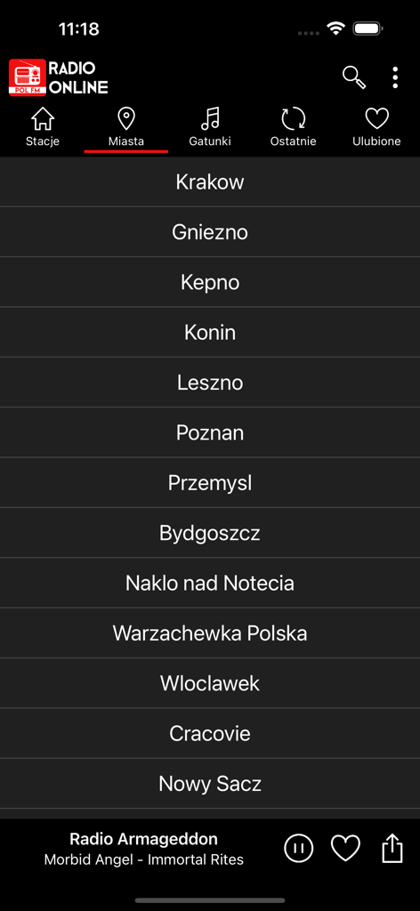 Radio Internetowe - Lista de cidades polacas para selecionar estações de rádio na aplicação Rádio por Internet