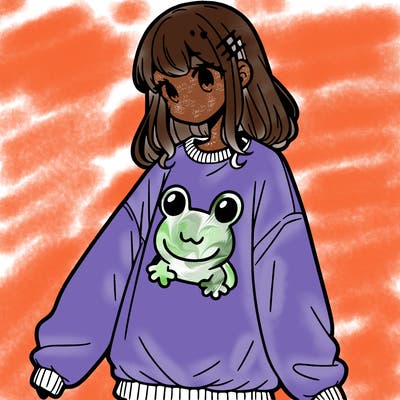 girl wearing frogging sweatshirt