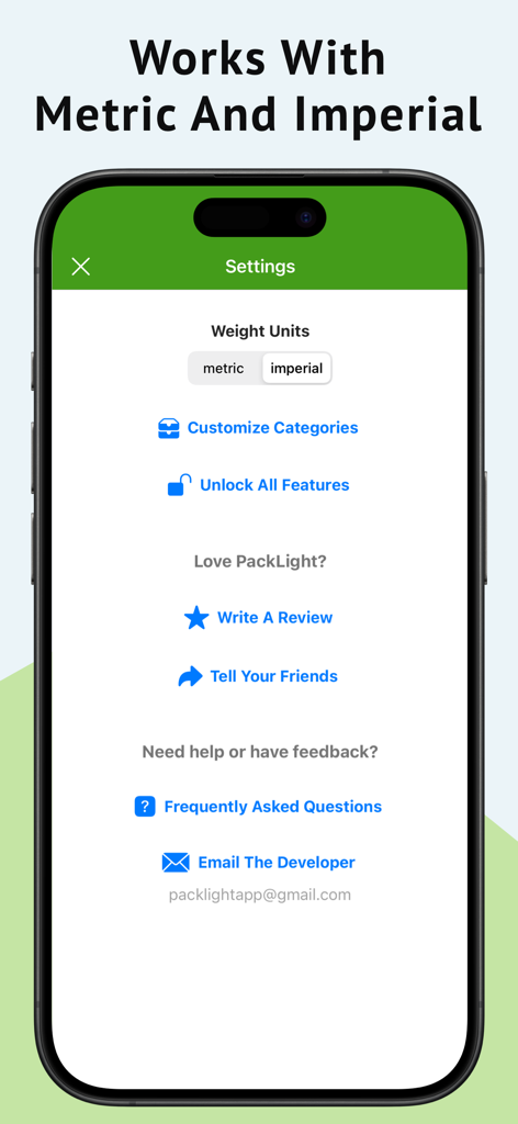 Settings screen of the PackLight app showing weight unit selection for metric and imperial systems