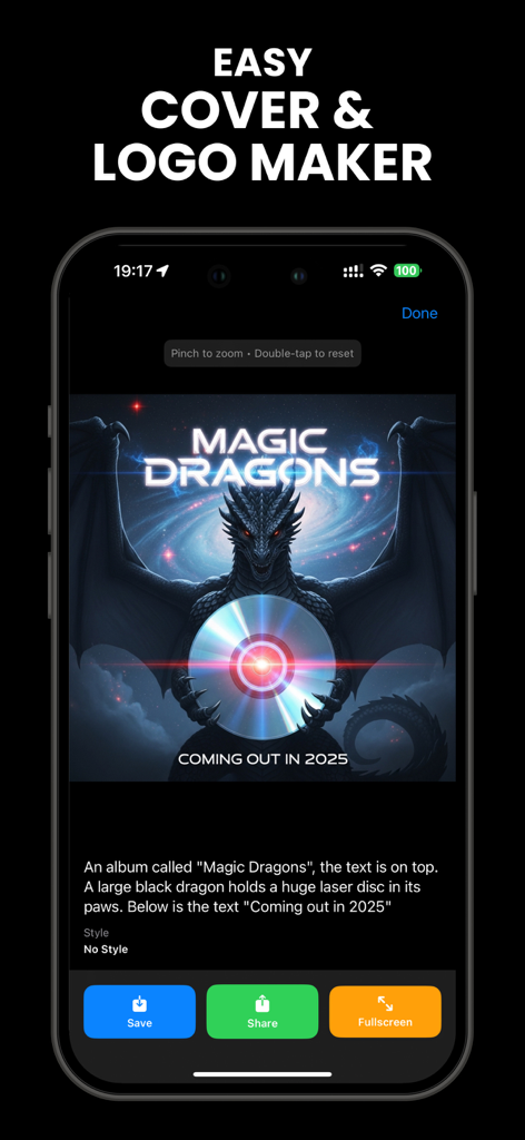 レーザーディスクを持つ黒いドラゴンをフィーチャーしたAI生成アルバムカバーを表示するPictorAIアプリインターフェース