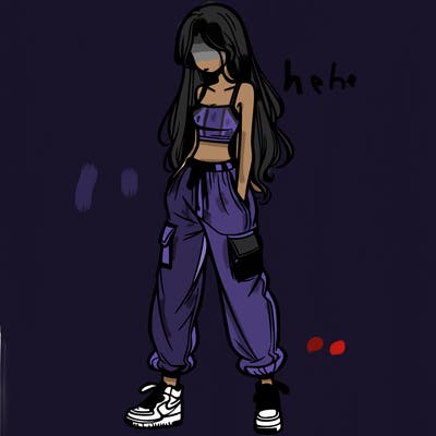 girl in baggy pants crop top and long hair