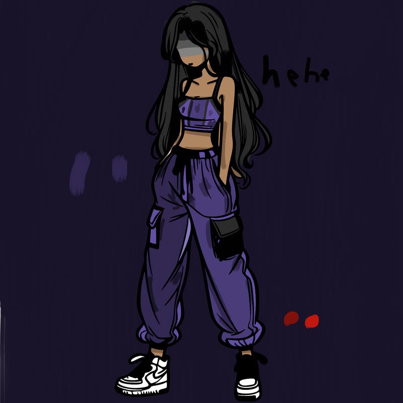 girl in baggy pants crop top and long hair