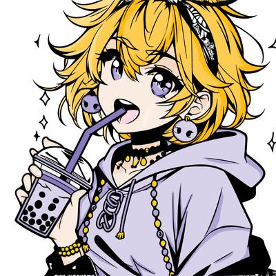 hot baddie anime girl drinking boba and biting the straw