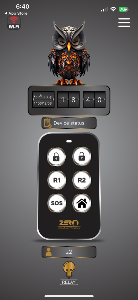 zero-z1 - Zero-Z1 mobile app dashboard showing security remote controls and alarm status indicators.