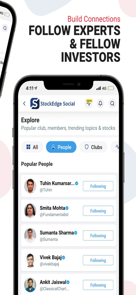 팔로우할 인기 주식 시장 전문가 및 투자자 목록을 보여주는 StockEdge Social 인터페이스.