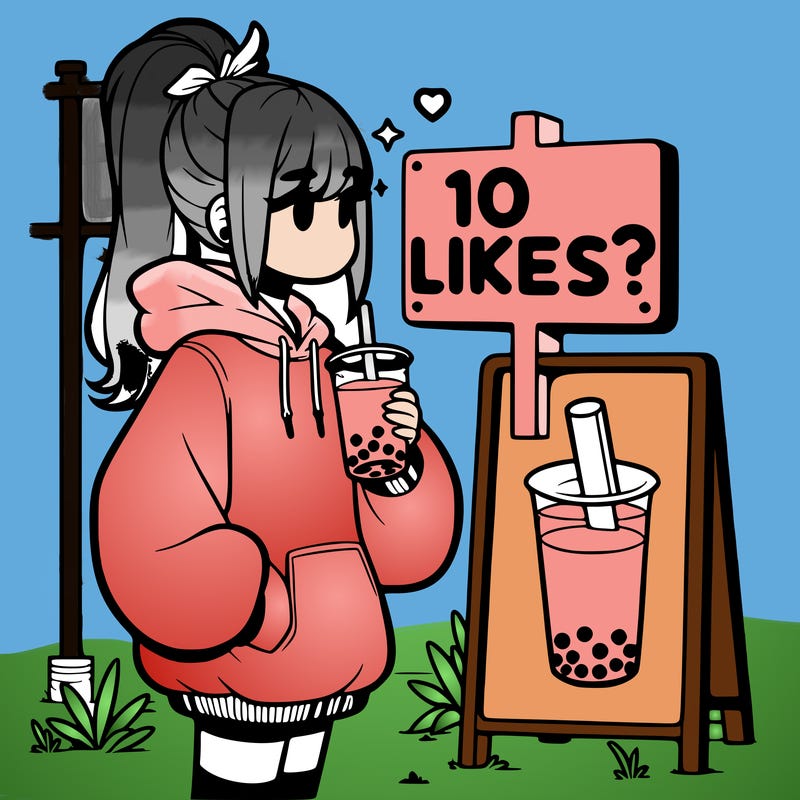 girl with oversized hoodie drinking boba and she has a high ponytail with a sign that says 10likes?