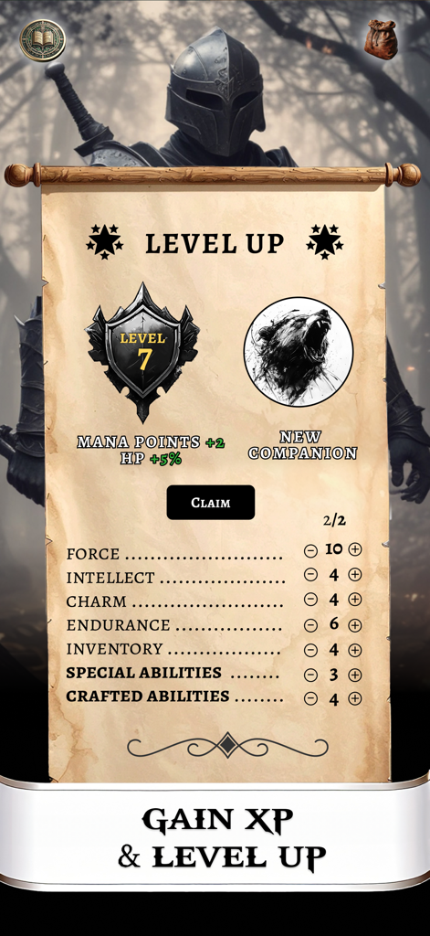 AI Game Master - Dungeon RPG - Level up screen in AI Game Master featuring character attributes and a new bear companion