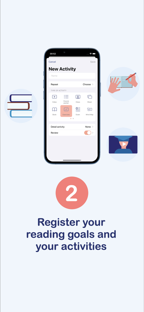 Study Planner: Schedule & task - Interface mobile de l'application Study Planner montrant l'enregistrement de nouvelles activités et objectifs d'étude