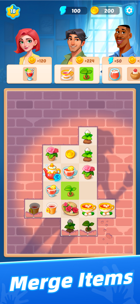 Mystery Town - Merge & Cases - Gameplay-Screenshot von Mystery Town, der ein Merge-Gitter mit Teetassen, Blumen und Pflanzen zeigt, die zur Erfüllung von Charakteranfragen verwendet werden.