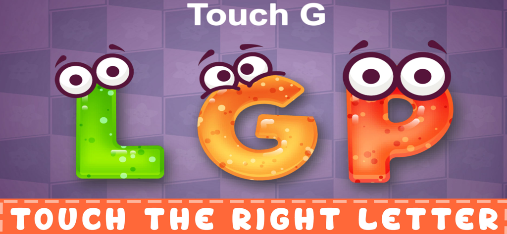 ABC Learn: Tracing & Phonics - アニメーションのL、G、Pの文字の中からGの文字をタッチするように求める子供向け教育ゲーム画面