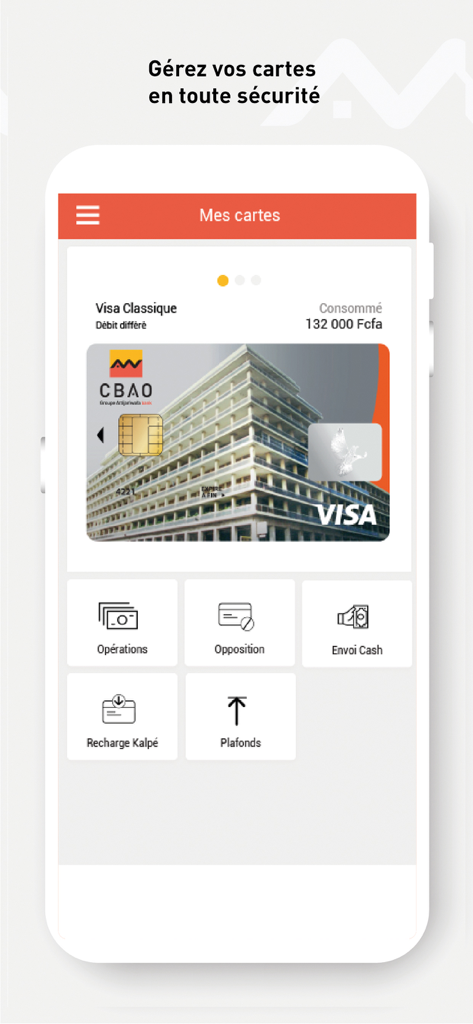 Interface da aplicação CBAO Mobile para gestão de cartões bancários e transferências de dinheiro