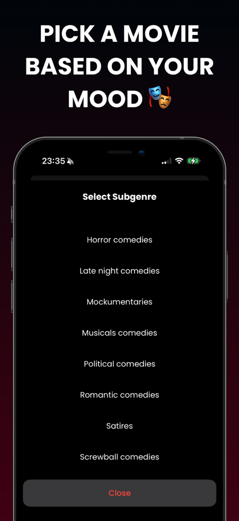 Mobile App-Oberfläche zur Auswahl spezifischer Film-Subgenres wie Horror-Komödien und Satiren basierend auf der Stimmung.