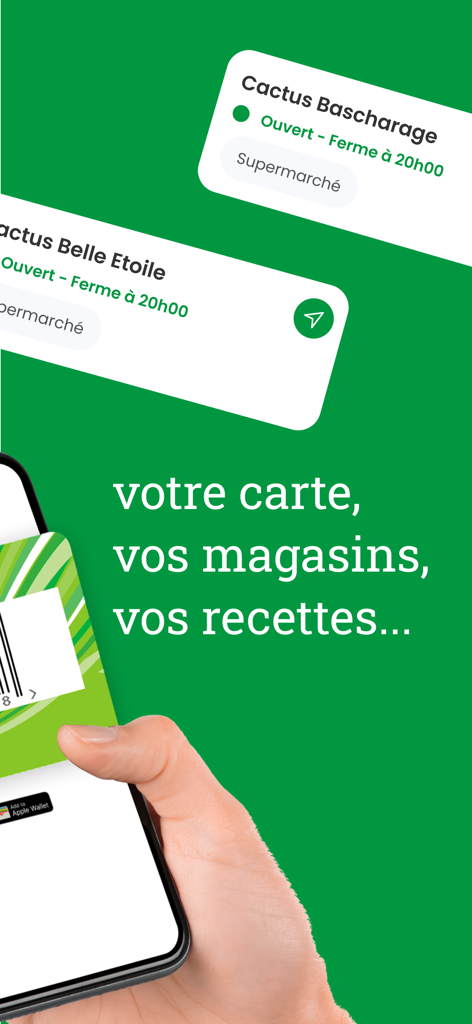 Cactus - Cactus mobile app showing loyalty card barcode on a smartphone and information about nearby supermarket locations with their opening hours.