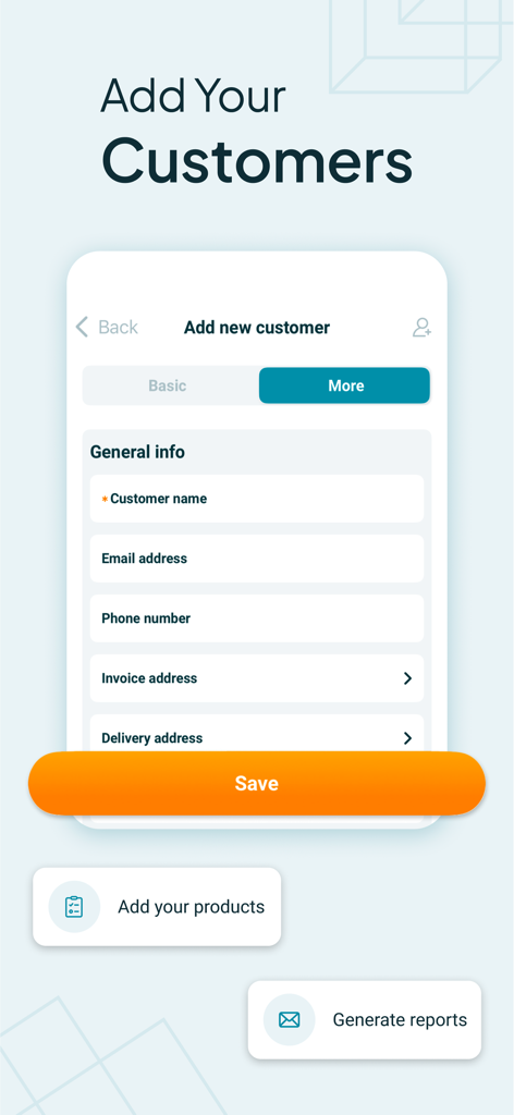 Interface for adding new customer details like name and address in the Easy Invoice app.