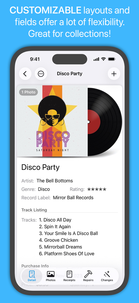 La aplicación Under My Roof muestra una página personalizable de inventario de discos de vinilo con detalles como artista, lista de canciones y sello discográfico.