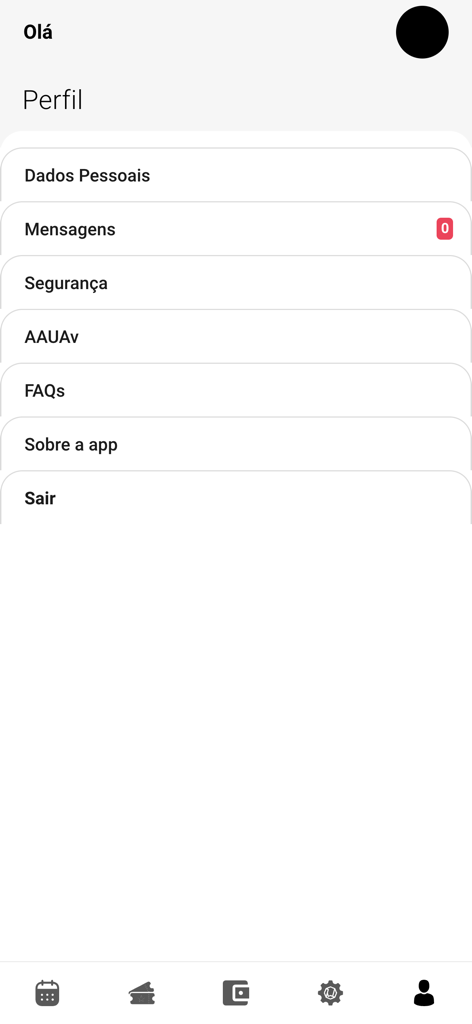 Ecrã de perfil da app estudantil AAUAV com opções de menu para dados pessoais, mensagens e segurança.