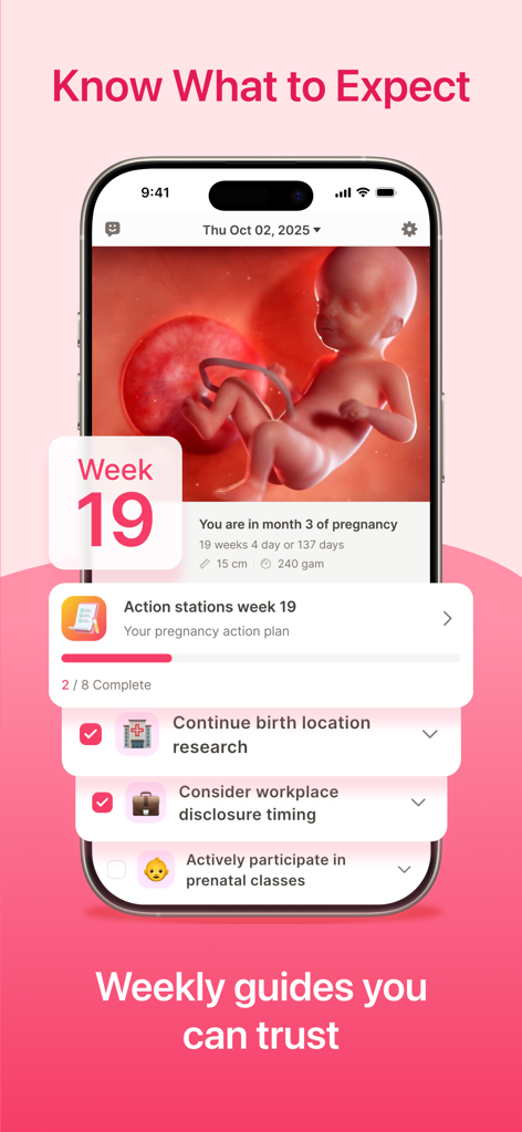 Pregnancy Tracker App ⁯ - Pregnancy tracker app showing 3D baby development at week 19 with a weekly prenatal action plan checklist.