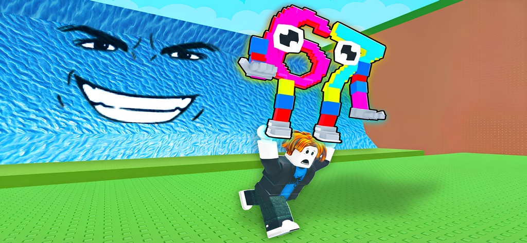 Escape Tsunami For Brainrots! - Roblox style character running away from a giant meme face tsunami