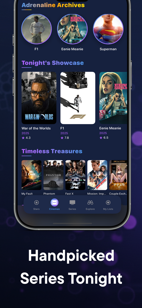 A screenshot of the Gamebox app interface displaying movie and series recommendations with categories like Tonight's Showcase and Timeless Treasures.
