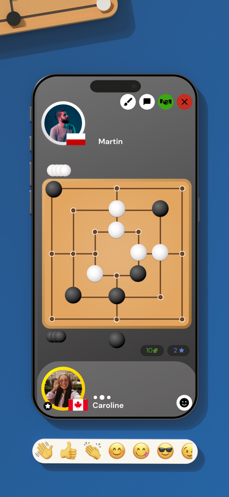 Mills | Nine Men's Morris - A mobile screen showing an online multiplayer match of Mills Nine Mens Morris between players from Poland and Canada with a clean minimalist interface
