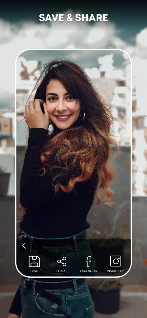 Camera Filters & Effects:LomoX - LomoX app interface for saving and sharing edited vintage photos to social media platforms like Instagram and Facebook