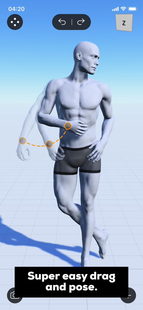 A realistic 3D male model being posed using the intuitive drag and pose feature in the Magic Poser app