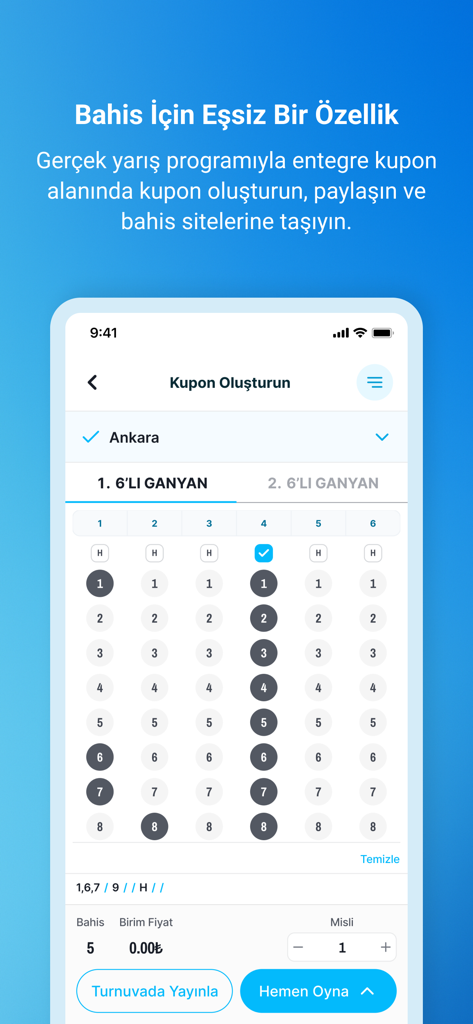 Interfaccia dell'app Liderform per la creazione di un tagliando per le scommesse ippiche