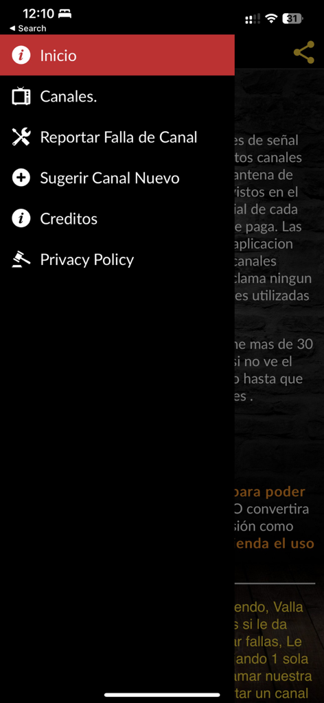 TV México Señal Abierta - Menú de navegación lateral de la app TV México mostrando canales y opciones de configuración en español