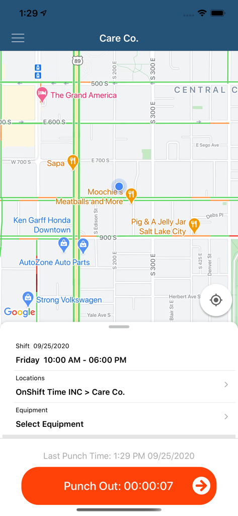 OnShift Time - OnShift Time mobile app interface showing current shift hours, location map, and a punch out button.