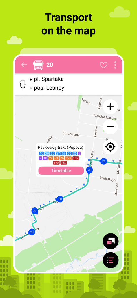 Bustime: Transport online - Real-time public transport tracking on a city map showing bus route 20.