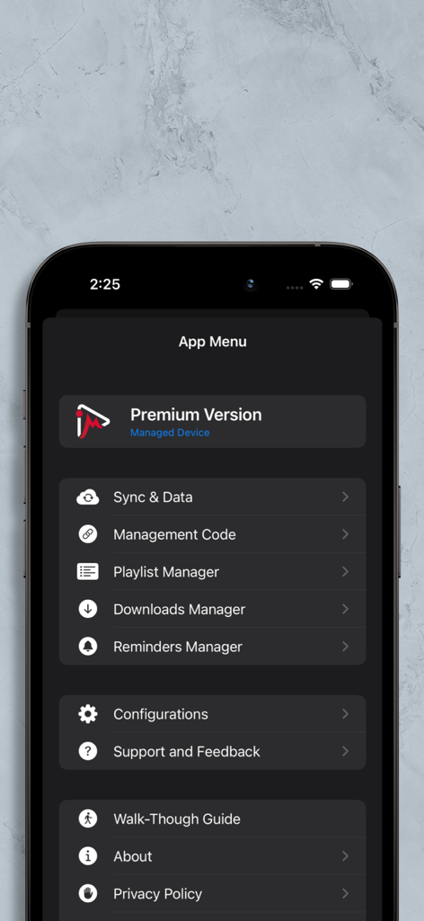 iMPlayer IPTV Player - A screenshot of the iMPlayer IPTV app menu showing account management, playlist settings, and configuration options.