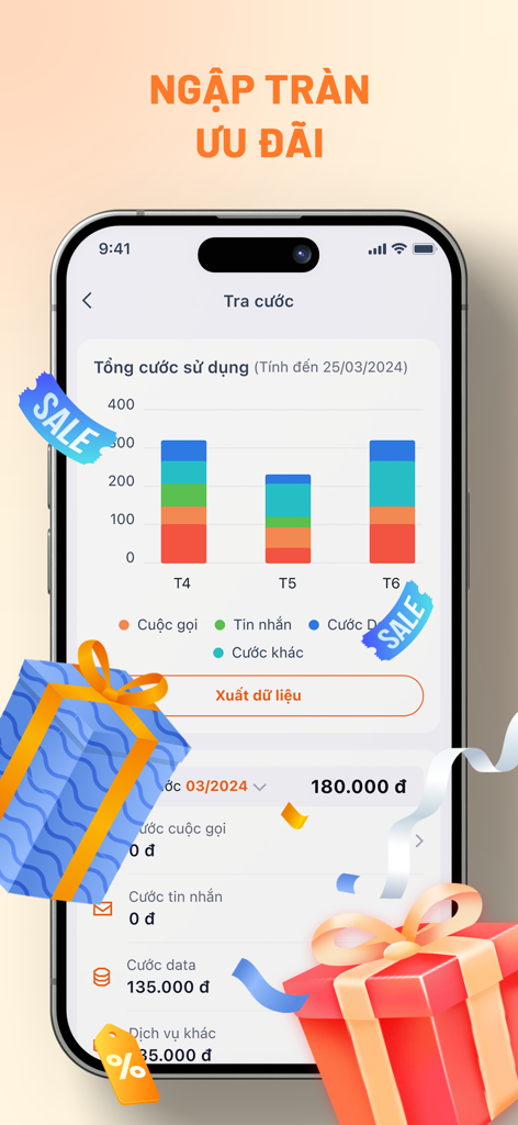 Schermata dell'app FPT Shop che mostra statistiche sull'utilizzo del cellulare e regali promozionali