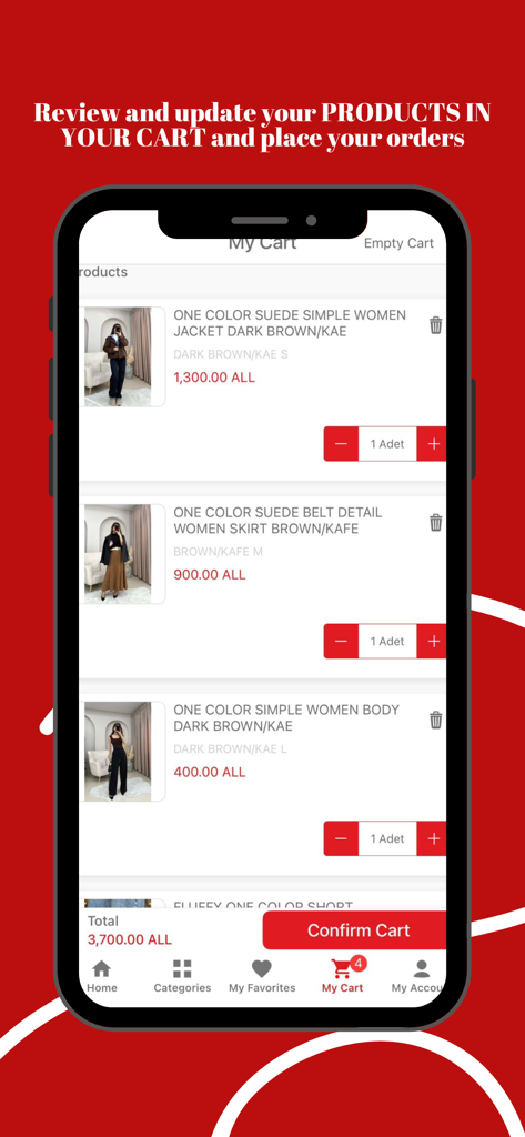Klaudio Fashion - Mobile app interface showing the shopping cart with various fashion items and a confirm button